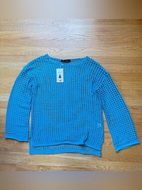 Teal Open-Weave Crewneck Sweater by Zessica